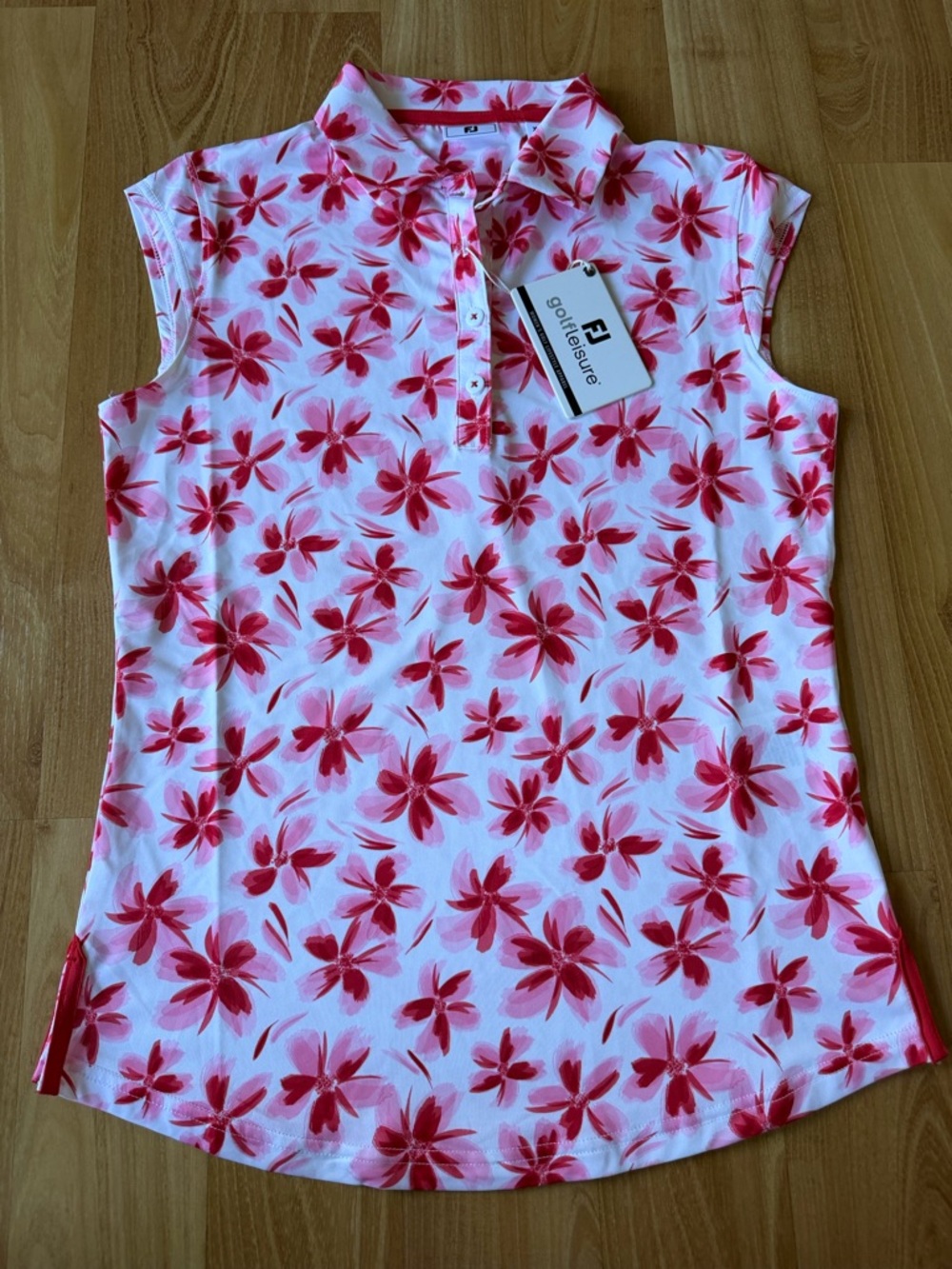 FootJoy NWT women’s cap sleeves floral shirt white red pink size XS super soft - Picture 2 of 8